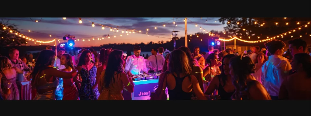 a vibrant sweet 16 celebration unfolds under twinkling lights, featuring a professional dj surrounded by jubilant dancers immersed in a mix of latin beats and new york city vibes, set against the picturesque backdrop of connecticut's scenic valleys.