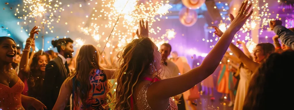 a vibrant sweet 16 celebration filled with joyful teens dancing under dazzling lights, complemented by a spectacular sparkler-lit entrance that sets a magical atmosphere.