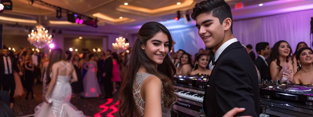 a vibrant sweet 16 celebration features an energetic dj spinning music as a lively crowd of elegantly dressed teenagers dance joyfully under dazzling lights, creating a dynamic and unforgettable party atmosphere.