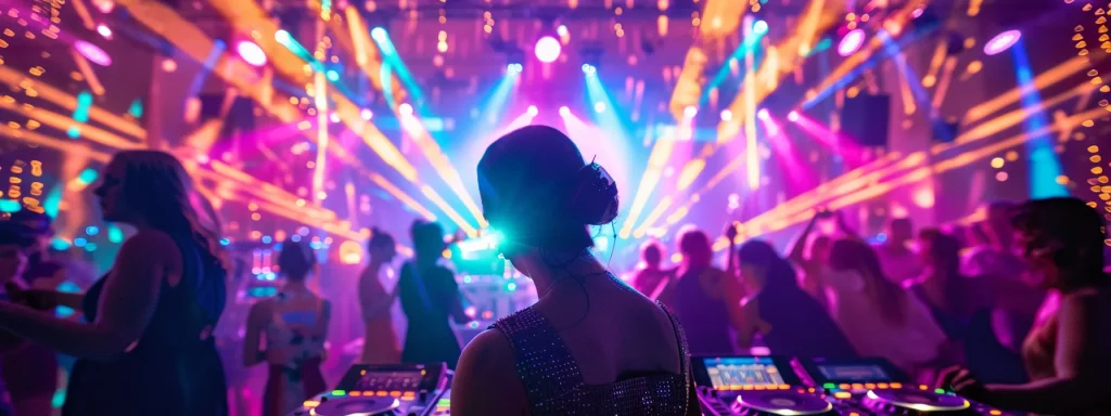 a vibrant sweet 16 party scene filled with energetic dancers and a professional dj behind a state-of-the-art setup, illuminated by dynamic colorful lights that create an atmosphere of non-stop joy and celebration.