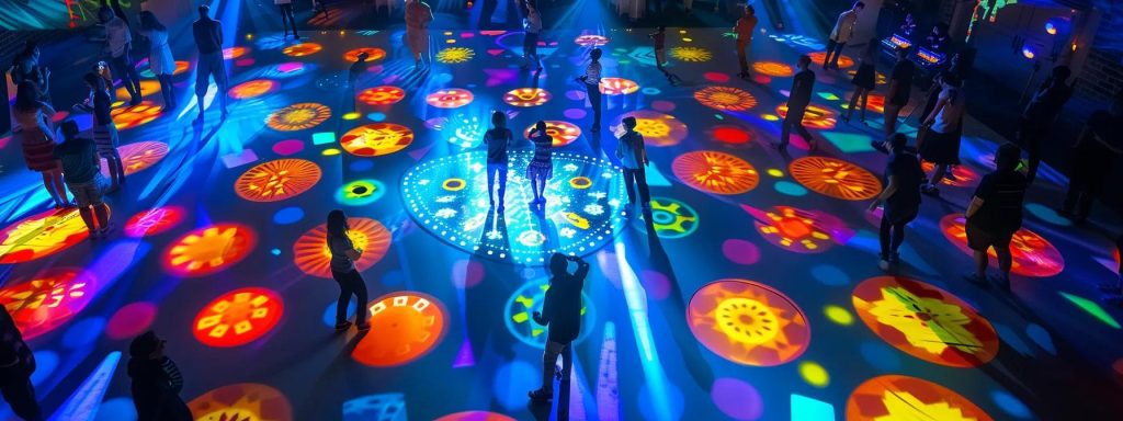 a vibrant dance floor illuminated by dynamic, colorful lights showcases an enthusiastic crowd immersed in joyful celebration, with a dj at the helm mixing energetic tracks, emanating a lively atmosphere of affordable entertainment in york, pennsylvania.