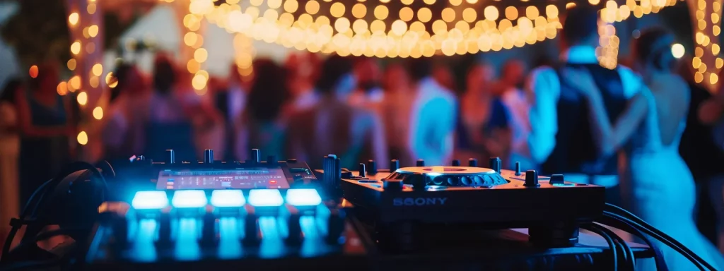 a vibrant wedding reception scene showcases a skilled dj blending personalized playlists as ecstatic guests dance joyfully under shimmering lights, encapsulating the essence of unforgettable celebrations.