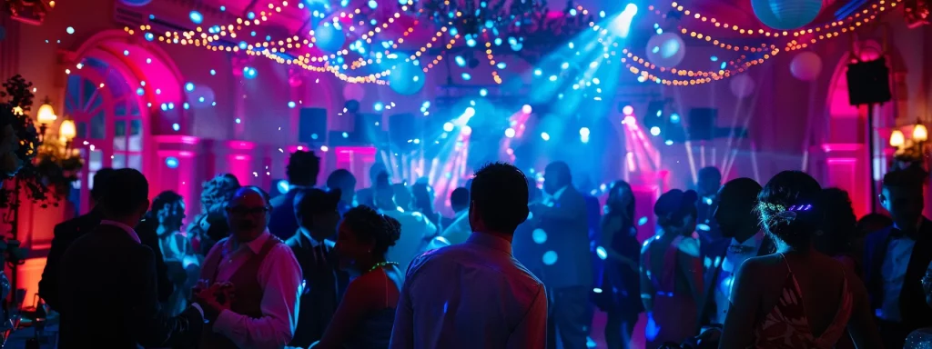 a vibrant wedding reception scene filled with joyful guests dancing under dazzling disco lights, accompanied by a professional dj mixing custom playlists on a state-of-the-art sound system.