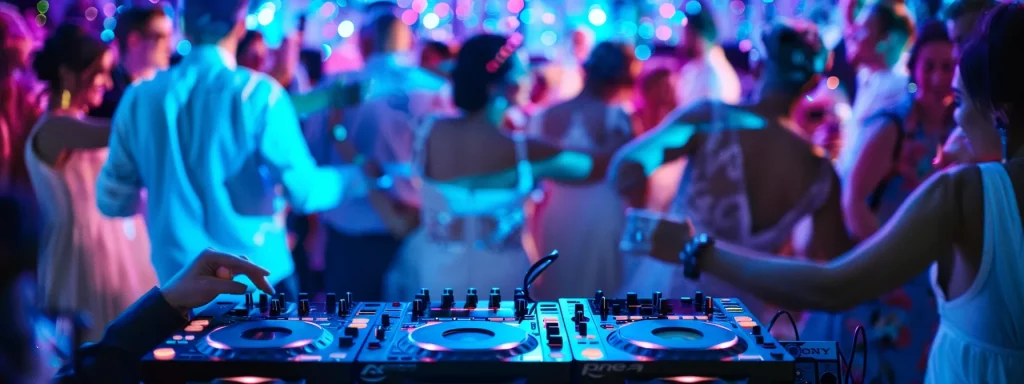 a vibrant wedding reception scene captures a professional dj at the turntables, surrounded by guests joyfully dancing under colorful lights, creating an atmosphere of celebration and music.