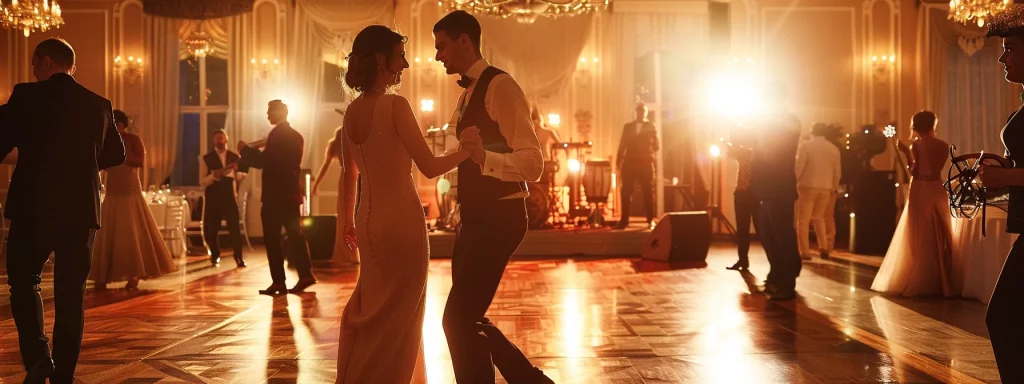 a vibrant wedding reception scene, illuminated by soft, warm lighting, showcases joyful couples dancing on a polished floor, while a skilled dj orchestrates the celebration from an elegantly set-up booth in the background.