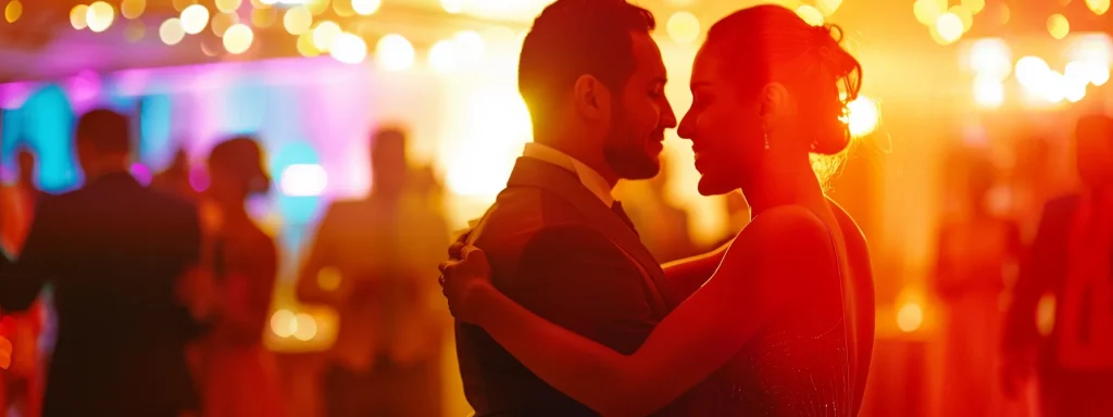 a vibrant wedding reception scene filled with joyful couples dancing under soft, shimmering lights, with a professional dj at the helm, expertly blending tracks to create an unforgettable atmosphere.