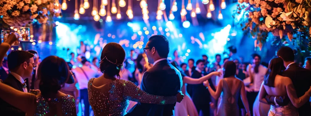 a vibrant wedding scene features a joyful crowd dancing under dazzling lights, with a skilled dj energizing the atmosphere, surrounded by beautiful floral arrangements and elegantly dressed guests celebrating love and connection.