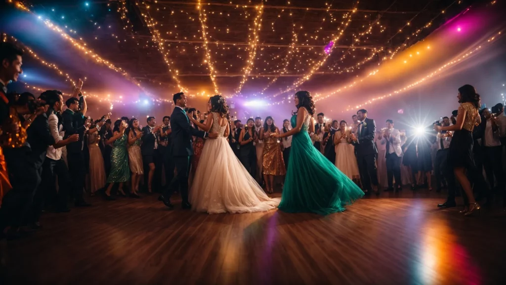 a vibrant wedding dance floor filled with joyful guests energetically moving to a dynamic dj’s electrifying playlist, illuminated by colorful lights that enhance the festive atmosphere.