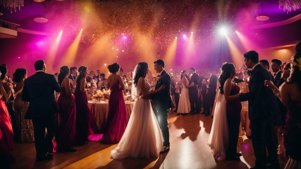 a vibrant wedding reception scene captures ecstatic couples dancing joyfully under a dazzling array of colorful lights, while a skilled dj passionately mixes music, setting a lively and romantic atmosphere.